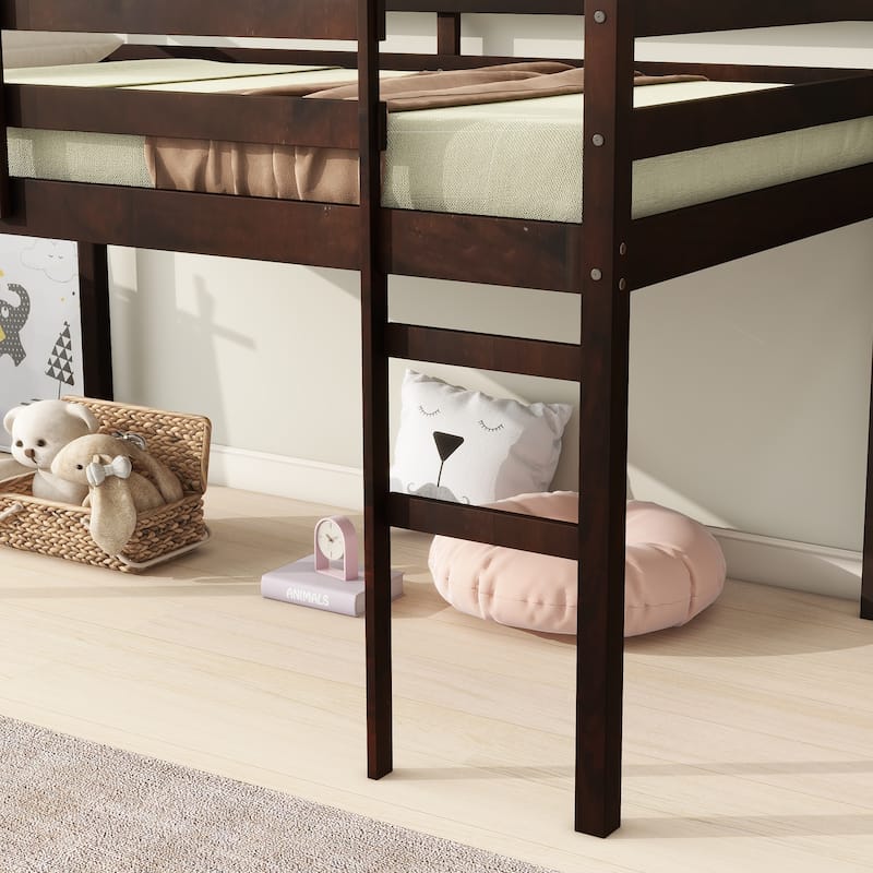 Solid Wooden, Rubber Wooden Twin Loft Bed with Ladder, Bed Platform of Strengthened Slats