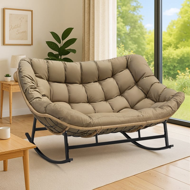 FINCATI Oversized Double Rocking Chair Outdoor Indoor, 40" D x 58" W Double Papasan Rocking Chair with Padded Cushion