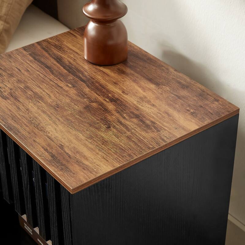 GDF Studio - Mid-Century Modern Nightstand Set with Slatted Grille Door Design and Metal Legs