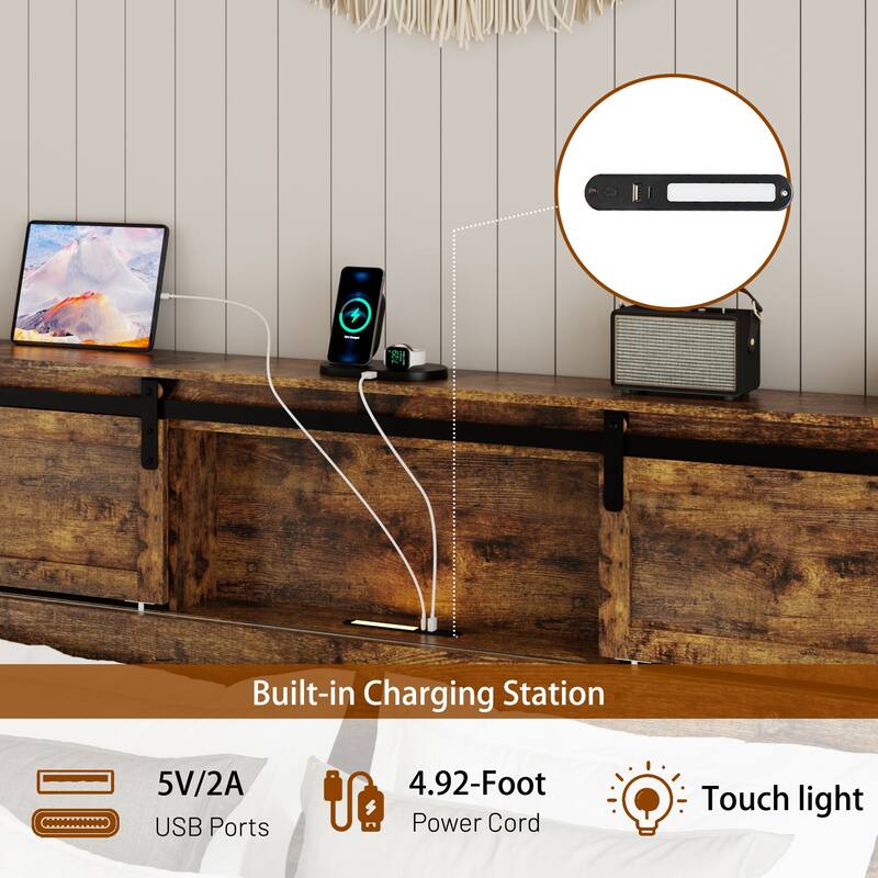 Farmhouse Bed Frame Wooden Platform Bed with Sliding Barn Door Storage Shelves Headboard/Led Light & Charging Station/No Noise