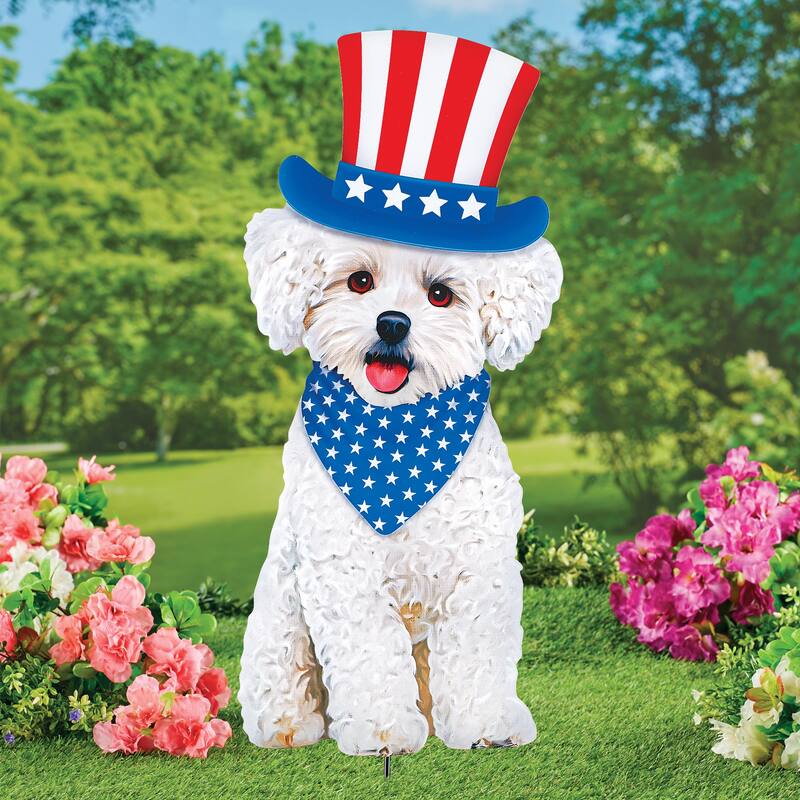 Patriotic Realistic Bichon Frisé Outdoor Garden Stake - 10 x 28 x 0.25 - White - Metal