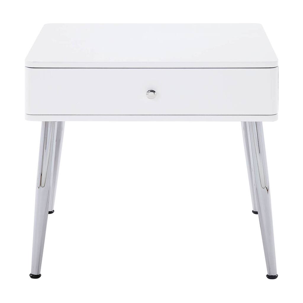 1 Drawer End Table with Metal Base in High Gloss White and Chrome