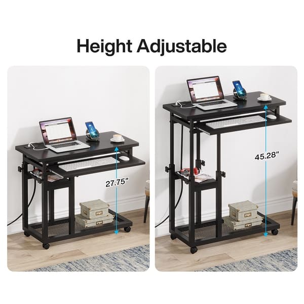 Height Adjustable Small Portable Desk, C Side Table with Outlet and USB