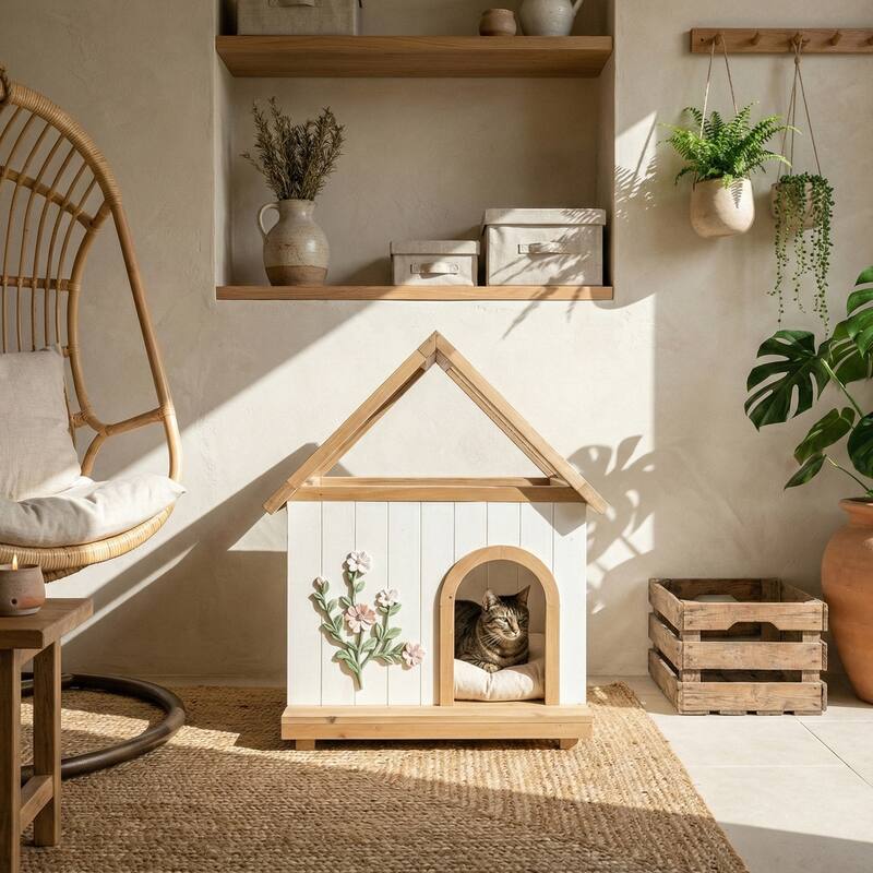 FSC-Certified Cedar Pet House with Transparent Roof & Floral Carving - Indoor Shelter for Cats & Small Dogs