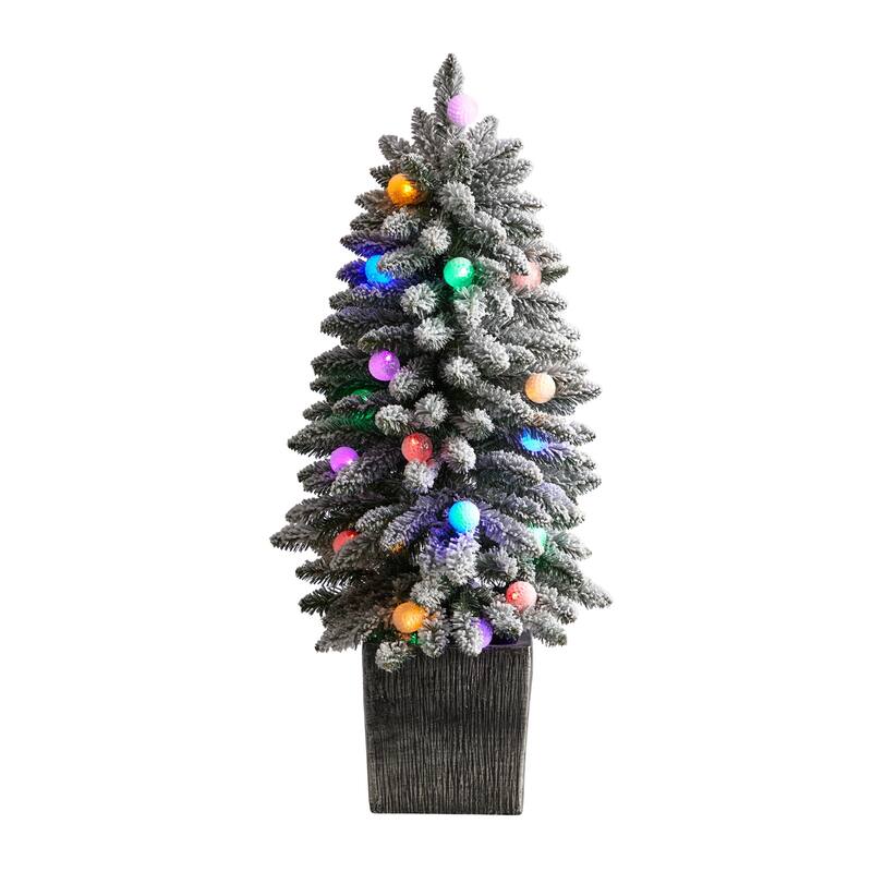 3ft. Flocked Fir Artificial Christmas Tree with 127 Branches & 20 LED Globe Lights in Planter - Cute Holiday X-Mas Accent