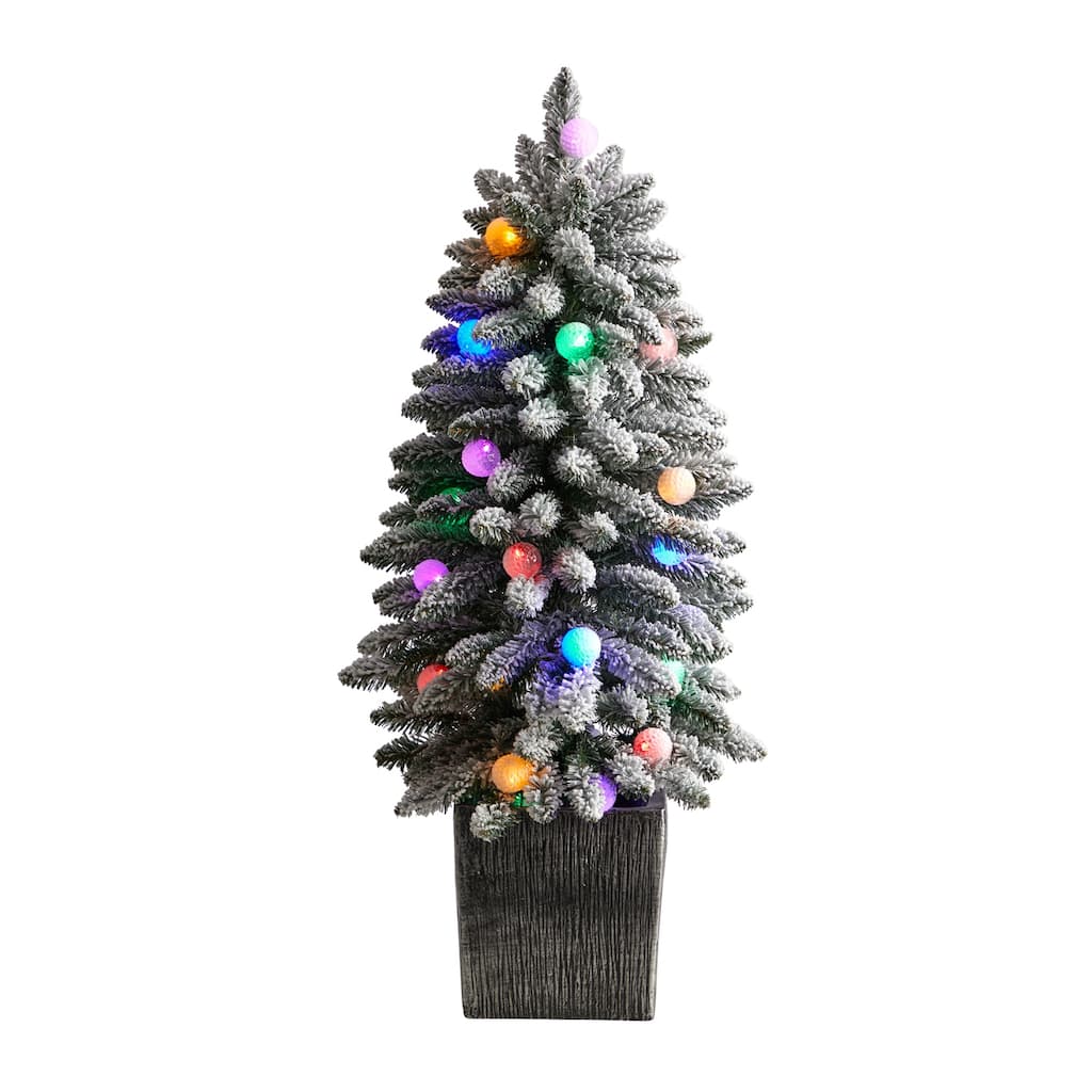3ft. Flocked Fir Artificial Christmas Tree with 127 Branches & 20 LED Globe Lights in Planter - Cute Holiday X-Mas Accent