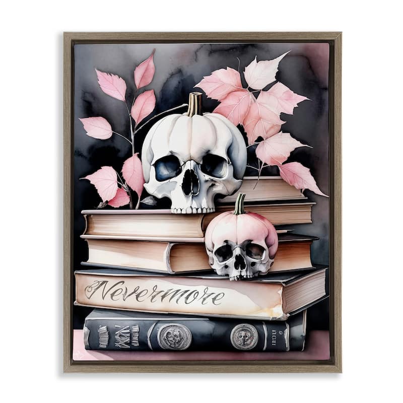 Stupell Spooky Skull Book Stack Framed Floater Canvas Wall Art Design By Tabz Jones - 25 x 31 - Brown