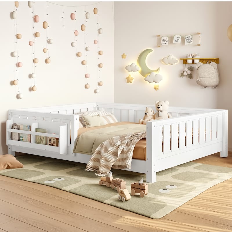 Low Profile Montessori Bed Floor Platform Bed with Fence and Bookshelf