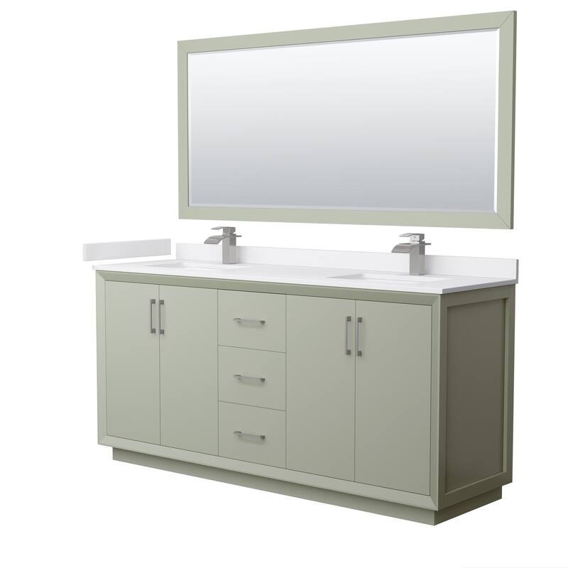 Strada 72-Inch Double Vanity Set, Cultured Marble Top, 70-Inch Mirror - Light Green, Nickel Trim,White Cultured Marble Top