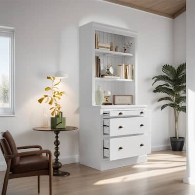 83.4"Tall Bookshelf with LED Lighting, 3 Drawer and Open Shelves