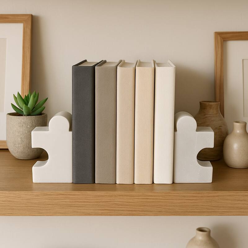 Modern Marble Puzzle Piece Bookends for Home Decor - 7", White - 7.0"