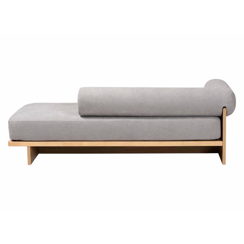 Bertille Left-Arm Chaise Lounge with Solid Wood Base - Minimalist Sofa Daybed with Grey Fabric Cushion and Bolster Pillow