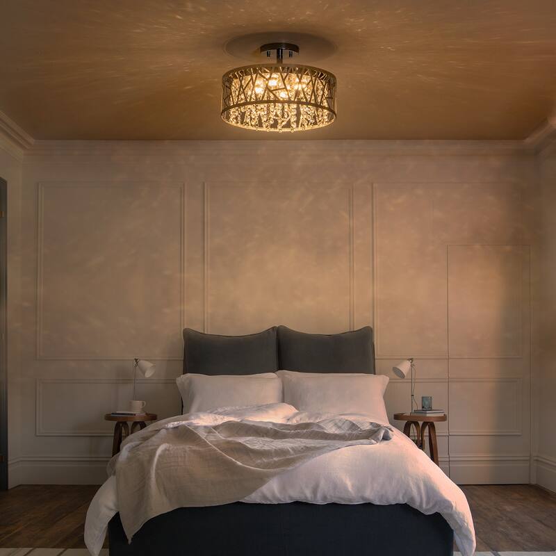 LED Semi-Flush Mount Ceiling Light Metal Carved Shade Crystal Accents - Dia.13.78-in