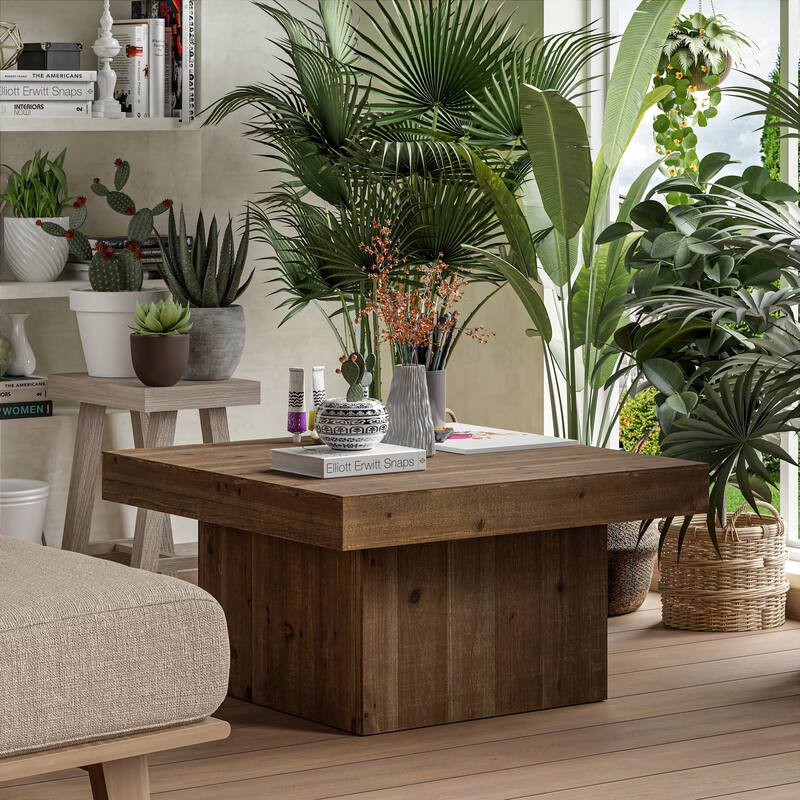 COZAYH Modern Farmhouse Wood Coffee Table, Rustic Square Sturdy Sofa Table for Family, Living Room, Lounge, Distressed - Natural
