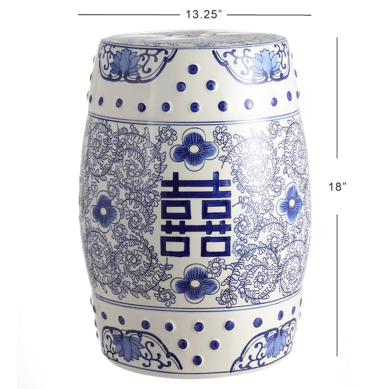 Double Happiness 18" Chinoiserie Ceramic Drum Garden Stool, Blue/White