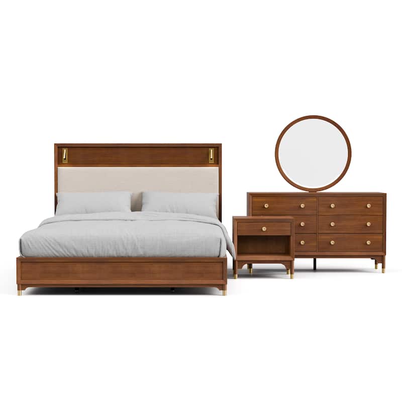 Furniture of America Forma Mid-Century Modern 4-Piece Walnut Solid Wood Platform Bedroom Set