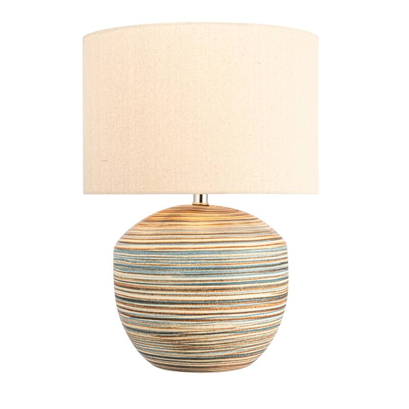 Stoneware Table Lamp with Stripes and Linen Shade - 15.0"L x 15.0"W x 20.0"H