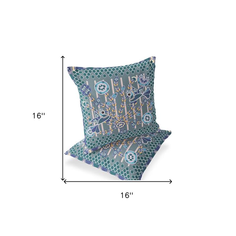 HomeRoots Set of Two 16" X 16" Blue and Gray Peacock Blown Seam Floral Indoor Outdoor Throw Pillow - 16.00' X '16.00' X '5.00
