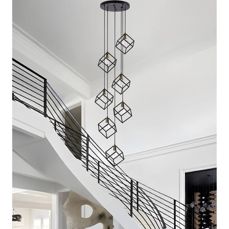 7 - Light Cluster Geometric Staircase Pendant, Adjustable Height Stairway Chandelier