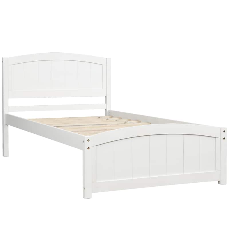 Wood Frame Platform Bed with Vertical Stripe Curved Headboard and Footboard, Panel Bed Slat Bed, Guest Room Furniture