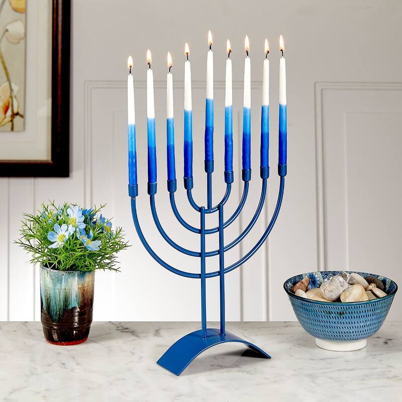 Traditional Steel Hanukkah Menorah - 8.75" - Slate Blue Finish