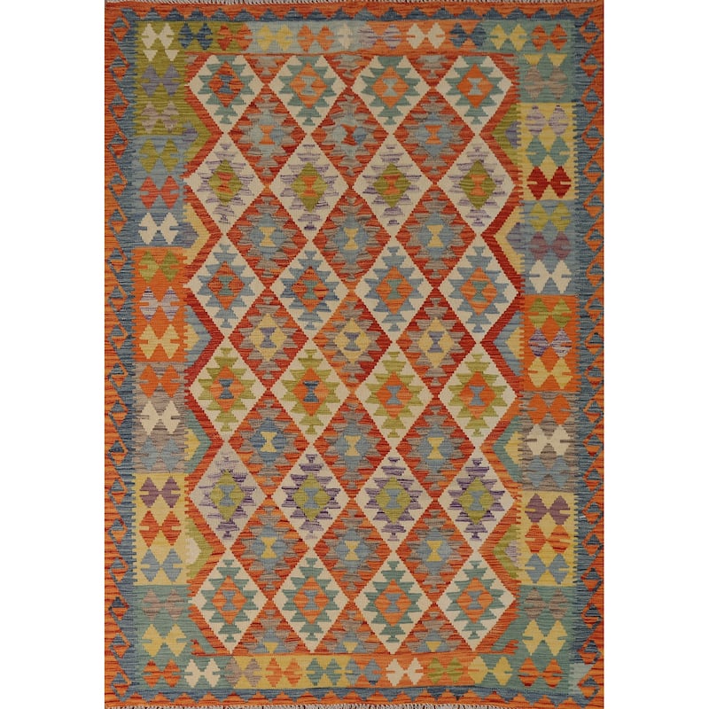 Hand-Woven Geometric Kilim Area Rug Oriental Wool Carpet - 6'2" x 7'10"