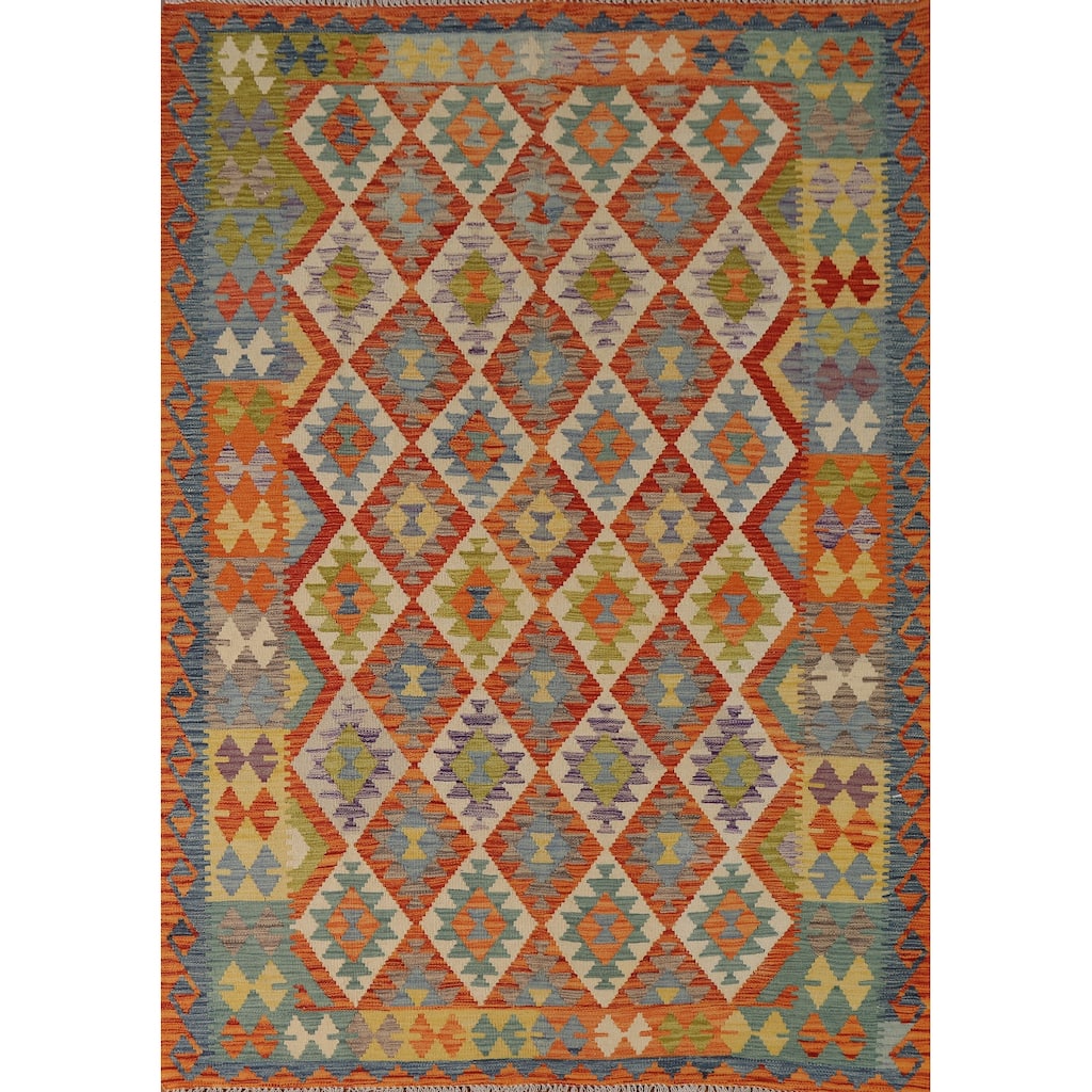 Hand Woven Oriental 100% Wool Carpet Southwestern Geometric Oranges & Rust Kilim Area Rug - 7' 10'' X 6' 2''