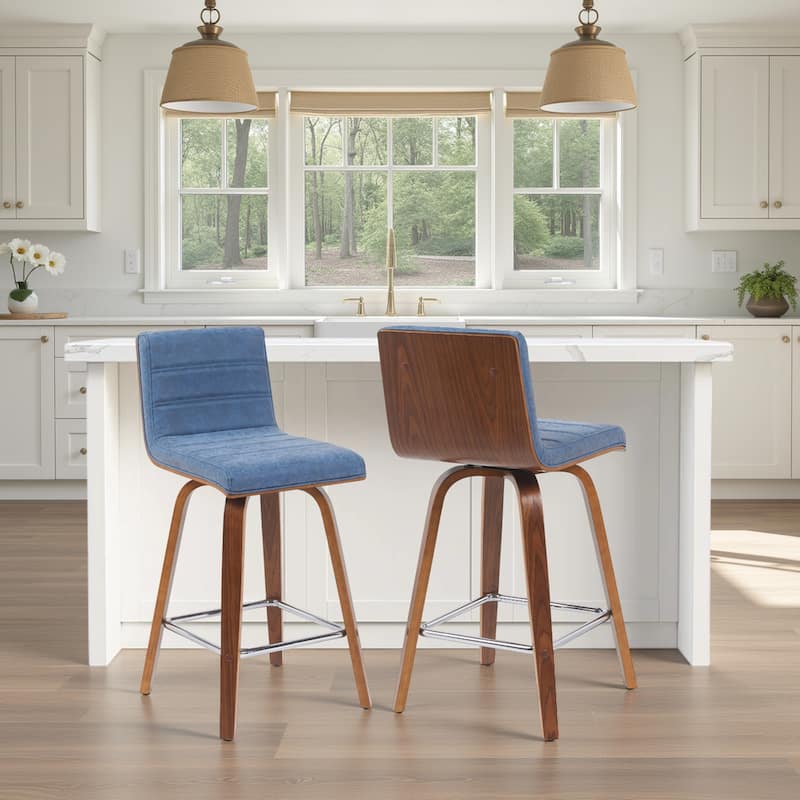 Skara Mid-Century Swivel Counter Stool, Upholstered Counter Height Chair with Bentwood Legs - Vintage Blue Faux Leather  & Walnut - Set of 2