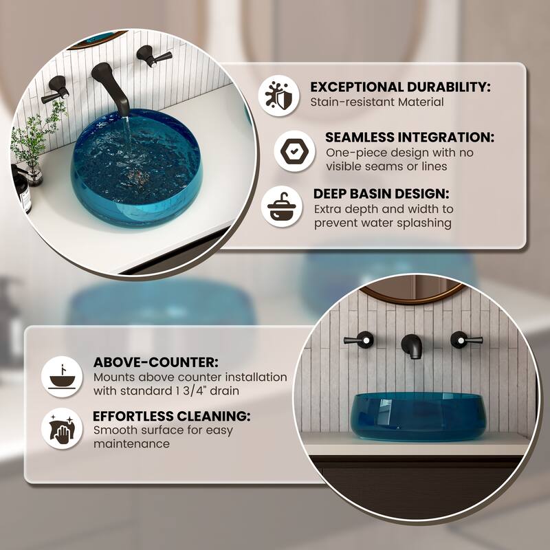 Transparent Resin Vessel Bathroom Sink Included Pop-up Drain and Drain Hose, Modern Above Counter Wash Basin with Center Drain