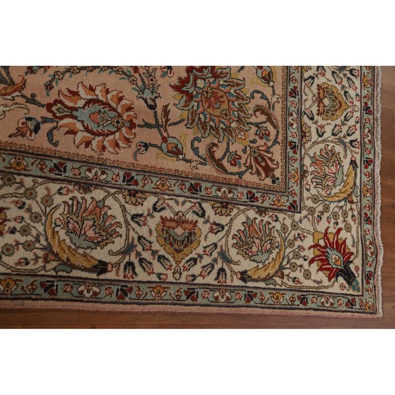Hand Knotted Oriental 100% Wool Carpet Traditional All-Over Peach Tabriz Area Rug - 11' 2'' X 7' 7''