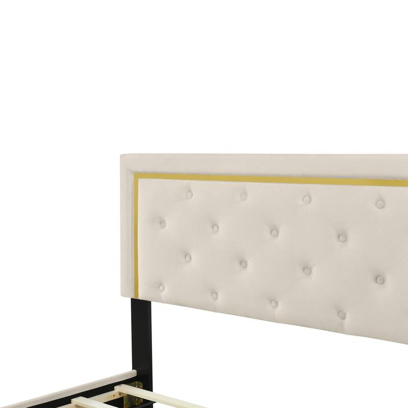 Velvet Upholstered Platform Bed With Pull Point Headboard And Metal Wire Frame