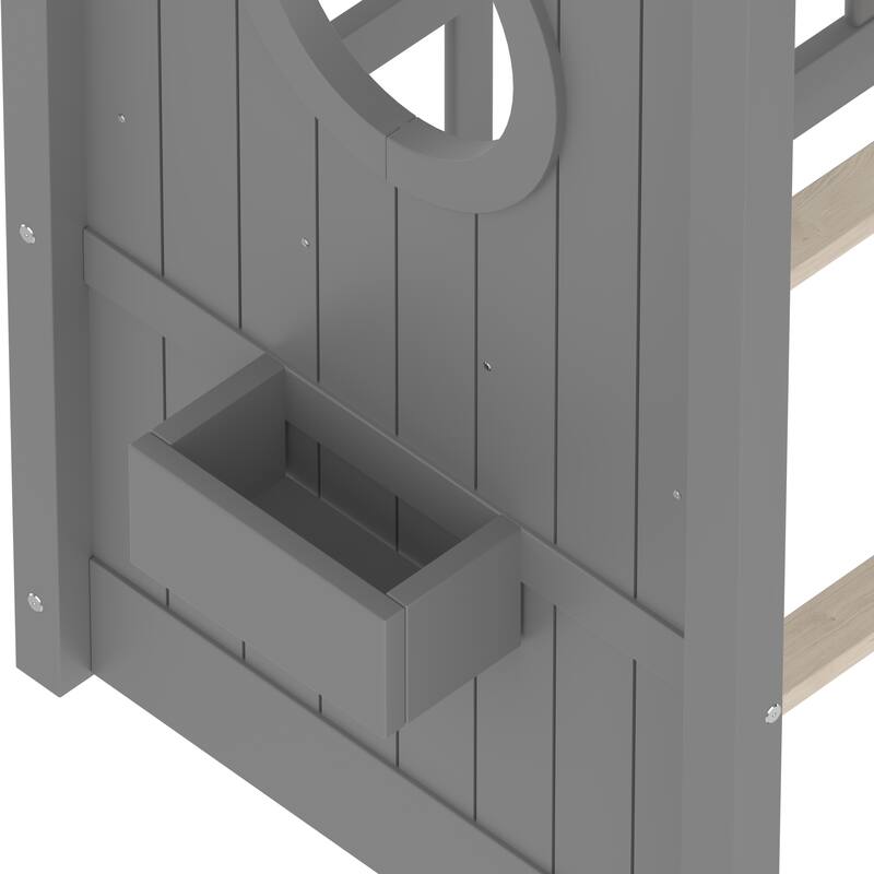 Twin Size Playhouse Floor Bed for Kids with Storage Shelf, Montessori Bed with Roof Design, Gray