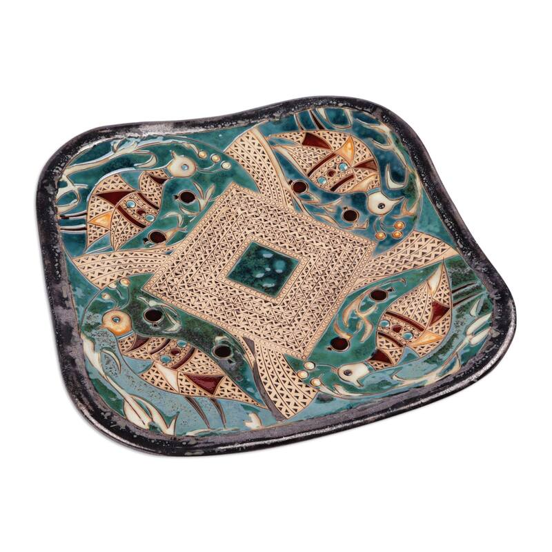 Novica Handmade Majestic Pond Glazed Ceramic Platter