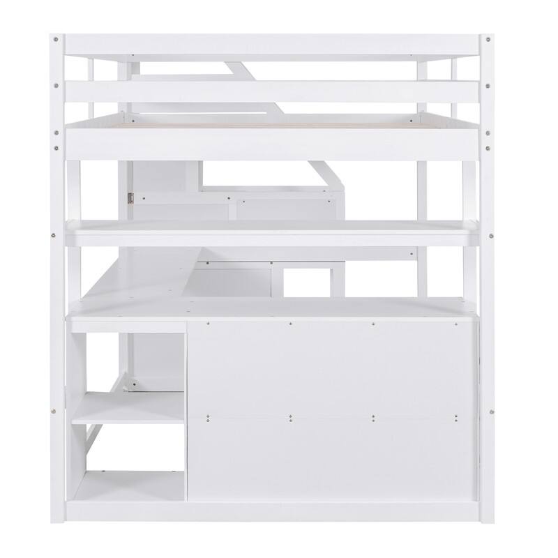 Twin/Full Size Stairway Loft Bed with Built-in Desk with Two Drawers, Solid Wood Bed Frame with Storage Shelves for Kids Teens