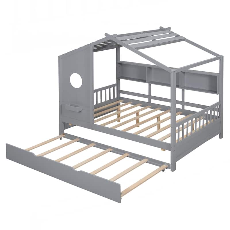 Wooden Full Size House Bed With Trundle, Modern Design for Kids with Storage Shlef