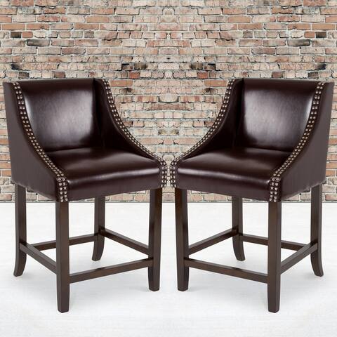 Brown Bonded Leather Upholstered Counter Height Dining Stools with Nailhead Trim