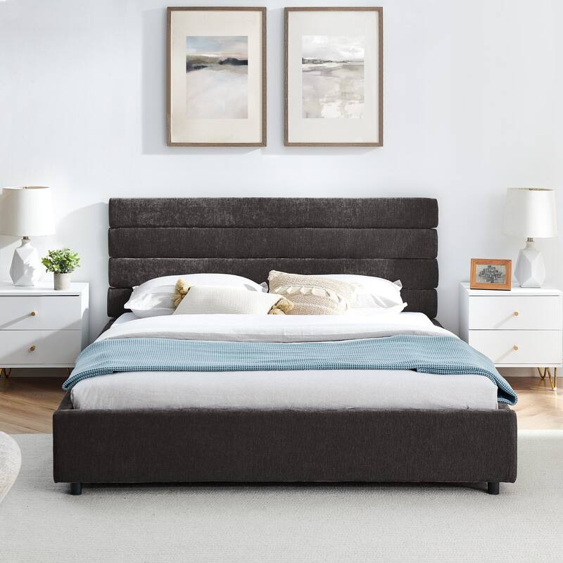 Roomfitters Queen Upholstered Bed Frame with Cushioned Headboard and 4 Storage Drawers, Chenille Fabric Platform Bed