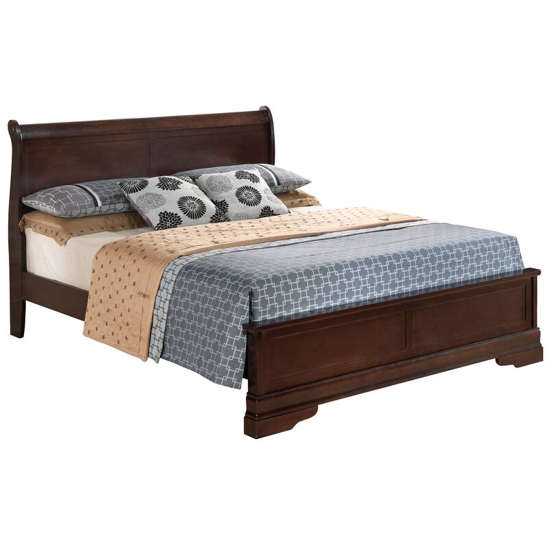 Cappuccino King Panel Bed - Wood Veneer Sleigh Design - 79" x 89" x 44" - Easy Assembly