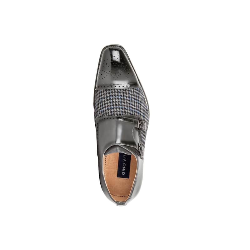 Gino Vitale Double Monk Strap Houndstooth Medallion Cap Toe Dress Shoes - Grey - 12