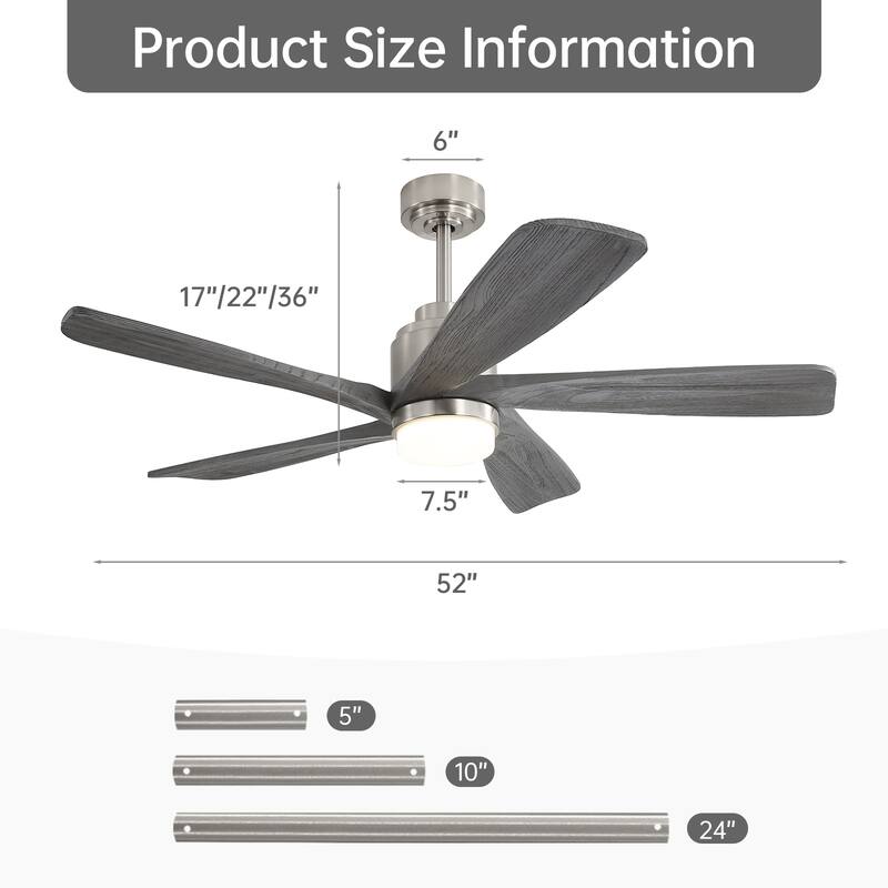 Sofucor 52" Solid Wood Noiseless Ceiling Fans with Dimmable LED Light Optional and Remote, 6-Speed Reversible, Smart Optional