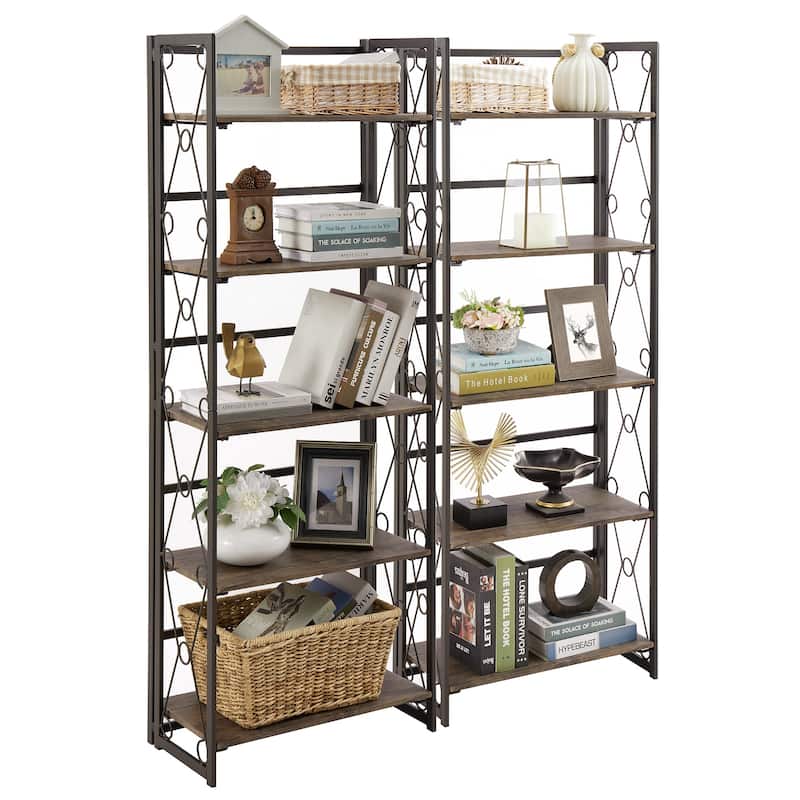 VECELO Contemporary 5-Shelf Display Bookcase, Industrial 62" Tall Bookshelf Storage Organizer - Set of 2 - Brown