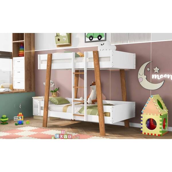 dimension image slide 1 of 2, Wood Twin Size Bunk Bed with Built-in Ladder and Color Accents