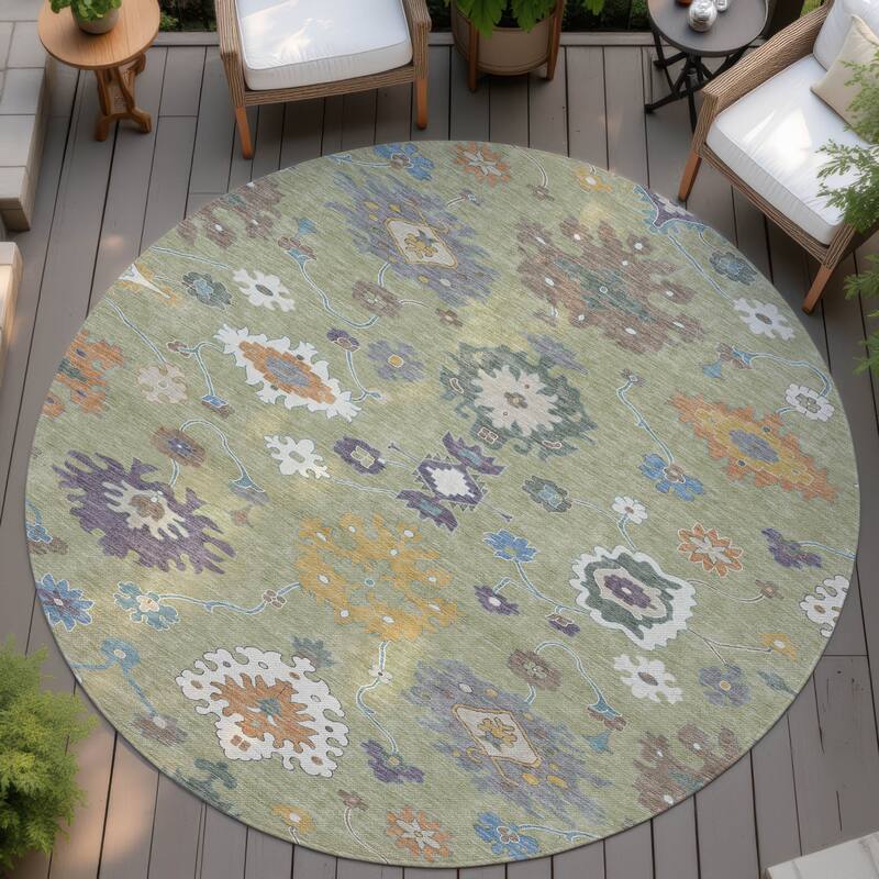 Machine Washable Indoor/ Outdoor Traditonal Delhi Chantille Rug - Aloe - 8' x 8'