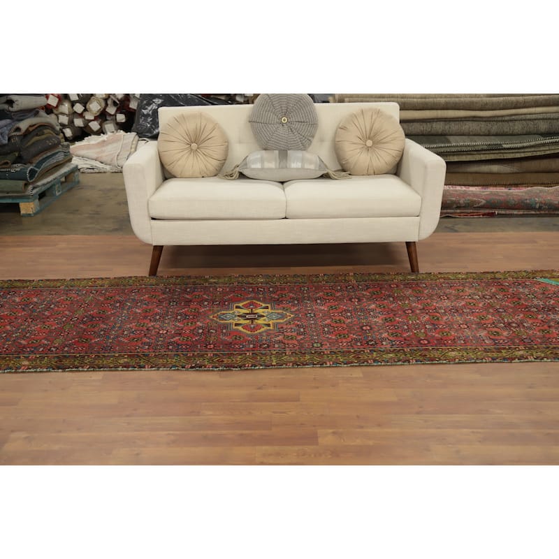 Hand Knotted Oriental 100% Wool Carpet Traditional Geometric Oranges & Rust Hamedan Runner Rug - 12' 9'' X 3' 4''