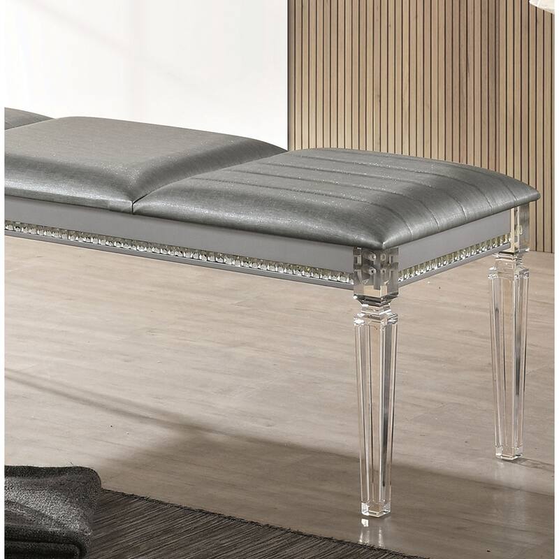 Antique Classic Silver 1pc Bench Only Contemporary Solid wood Acrylic Legs Crystal And Mirror Accent