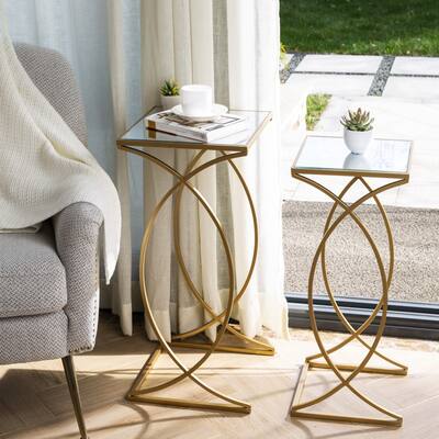 Glitzhome Metal with Glass Modern Nesting Accent Table (Set of 2)