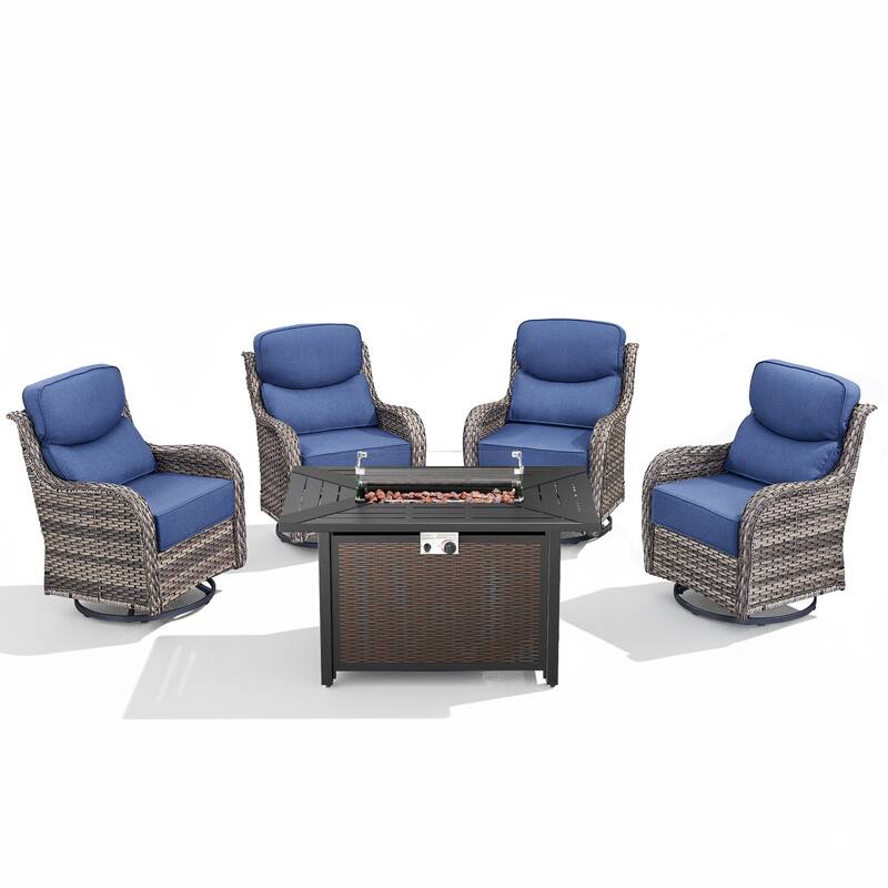 Arcadia 5-Piece Wicker Patio Set with 4 Swivel Glider Chairs and All-Iron Fire Pit