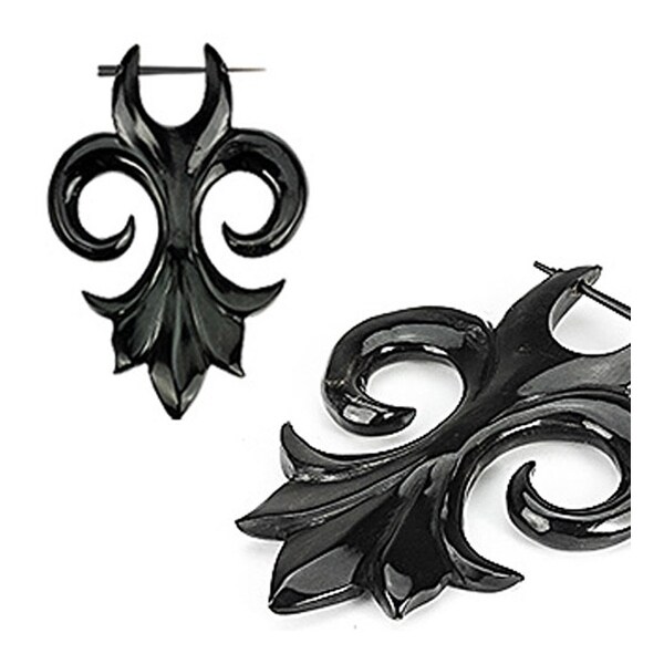 Pair of Organic Hand Carved Horn Tribal Fleu Di Lis Stirrup Hanger Earring