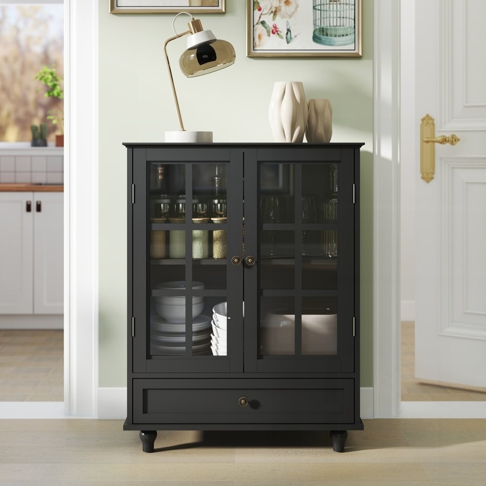 Buffet Cabinet with Double Glass Doors and Drawer