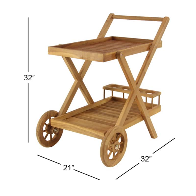 Teak Wood Indoor Outdoor Rolling 2 Shelves Bar Cart with Wheels and Handle - Brown - Roche River Decor - 21"W x 32"L x 32"H